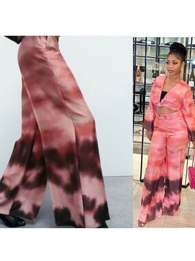 Zara NWOT pink Ombre tie-dye satin effect high waisted wide leg trouser pants